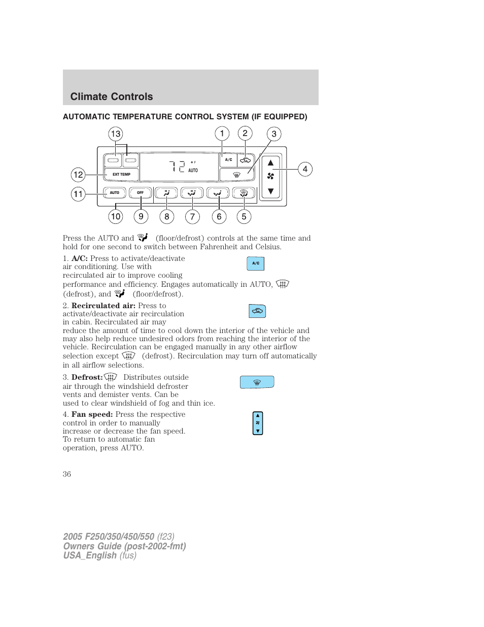 Climate controls | FORD 2005 F-550 v.3 User Manual | Page 36 / 312