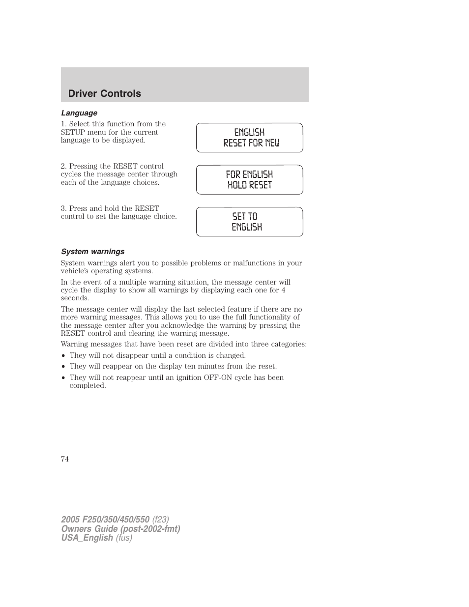 Driver controls | FORD 2005 F-550 v.3 User Manual | Page 74 / 312