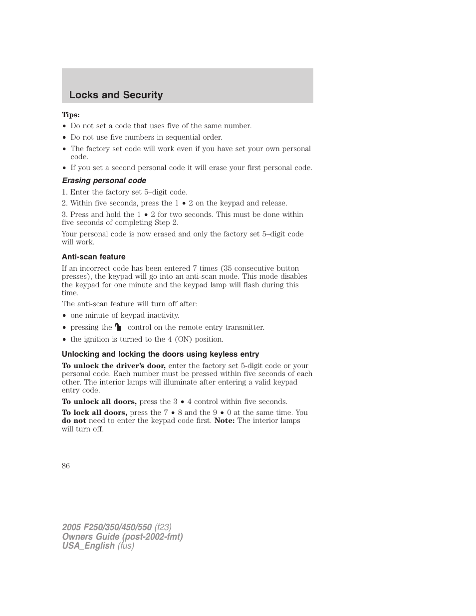 Locks and security | FORD 2005 F-550 v.3 User Manual | Page 86 / 312