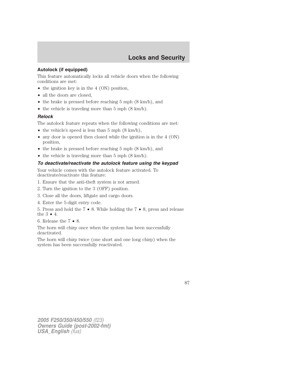 Locks and security | FORD 2005 F-550 v.3 User Manual | Page 87 / 312