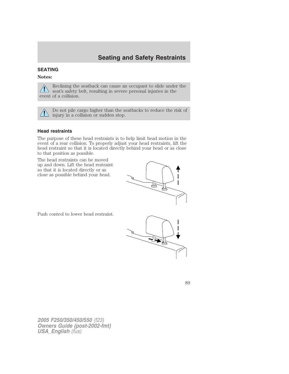 Seating and safety restraints | FORD 2005 F-550 v.3 User Manual | Page 89 / 312