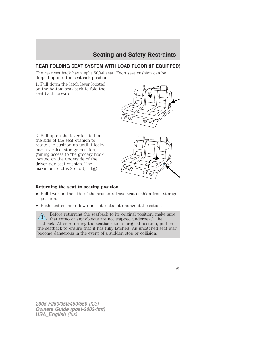 Seating and safety restraints | FORD 2005 F-550 v.3 User Manual | Page 95 / 312