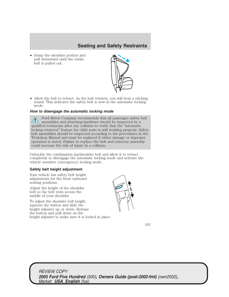 Seating and safety restraints | FORD 2005 Five Hundred v.1 User Manual | Page 101 / 264
