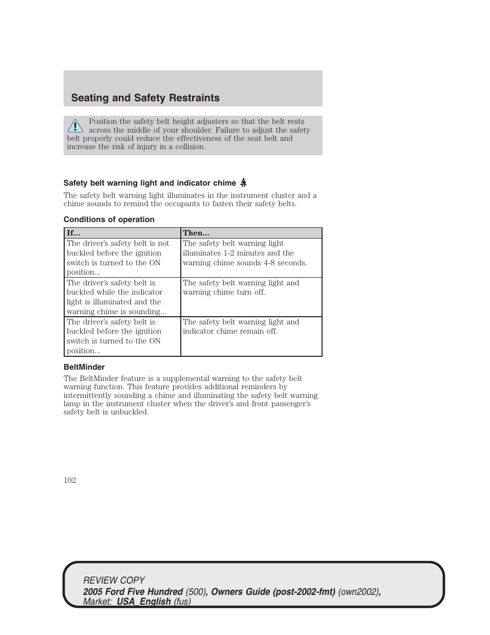 Seating and safety restraints | FORD 2005 Five Hundred v.1 User Manual | Page 102 / 264