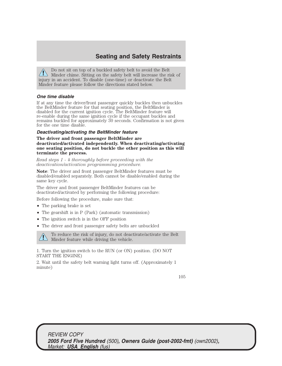 Seating and safety restraints | FORD 2005 Five Hundred v.1 User Manual | Page 105 / 264