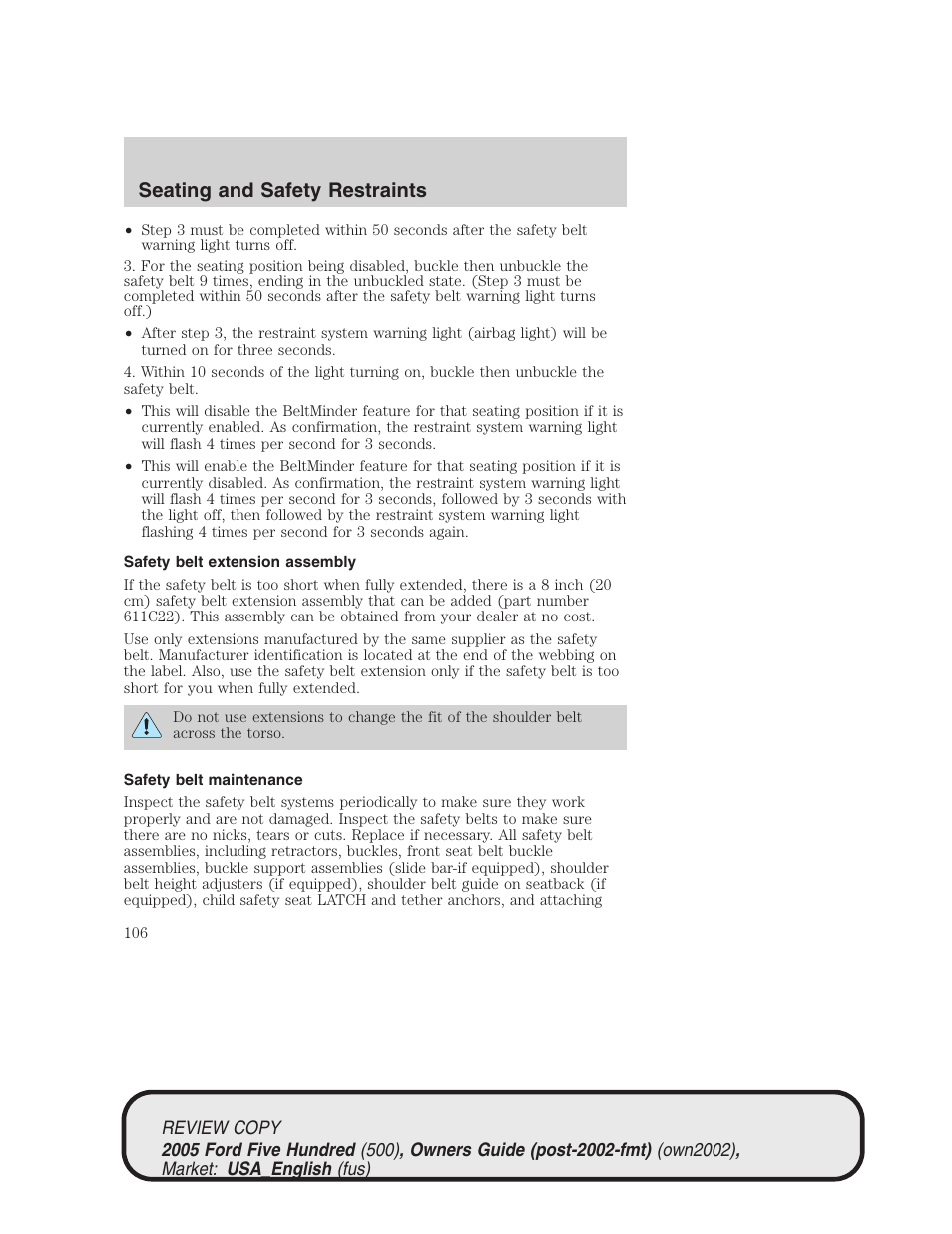 Seating and safety restraints | FORD 2005 Five Hundred v.1 User Manual | Page 106 / 264