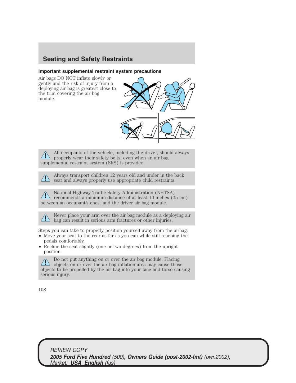 Seating and safety restraints | FORD 2005 Five Hundred v.1 User Manual | Page 108 / 264