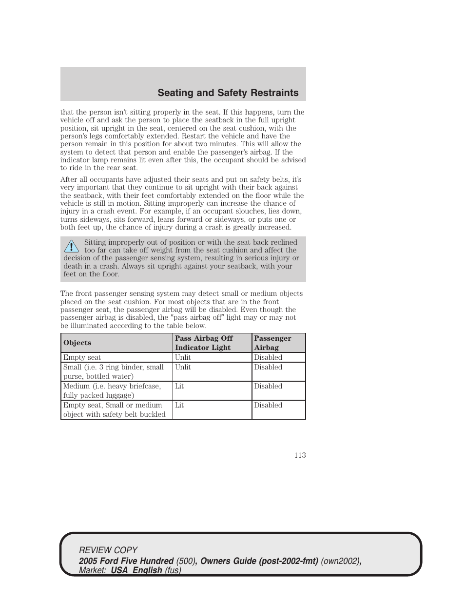 Seating and safety restraints | FORD 2005 Five Hundred v.1 User Manual | Page 113 / 264