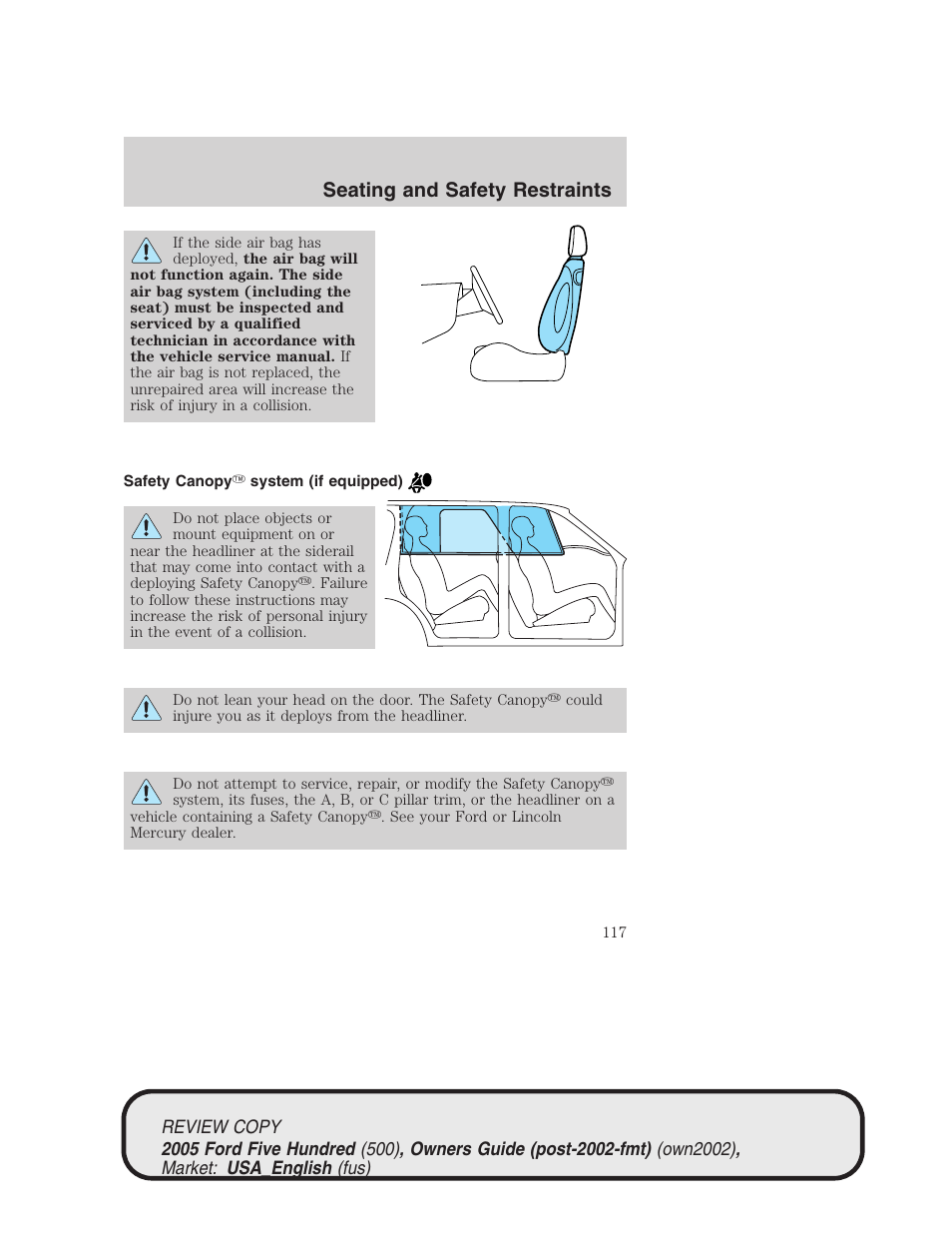 Seating and safety restraints | FORD 2005 Five Hundred v.1 User Manual | Page 117 / 264