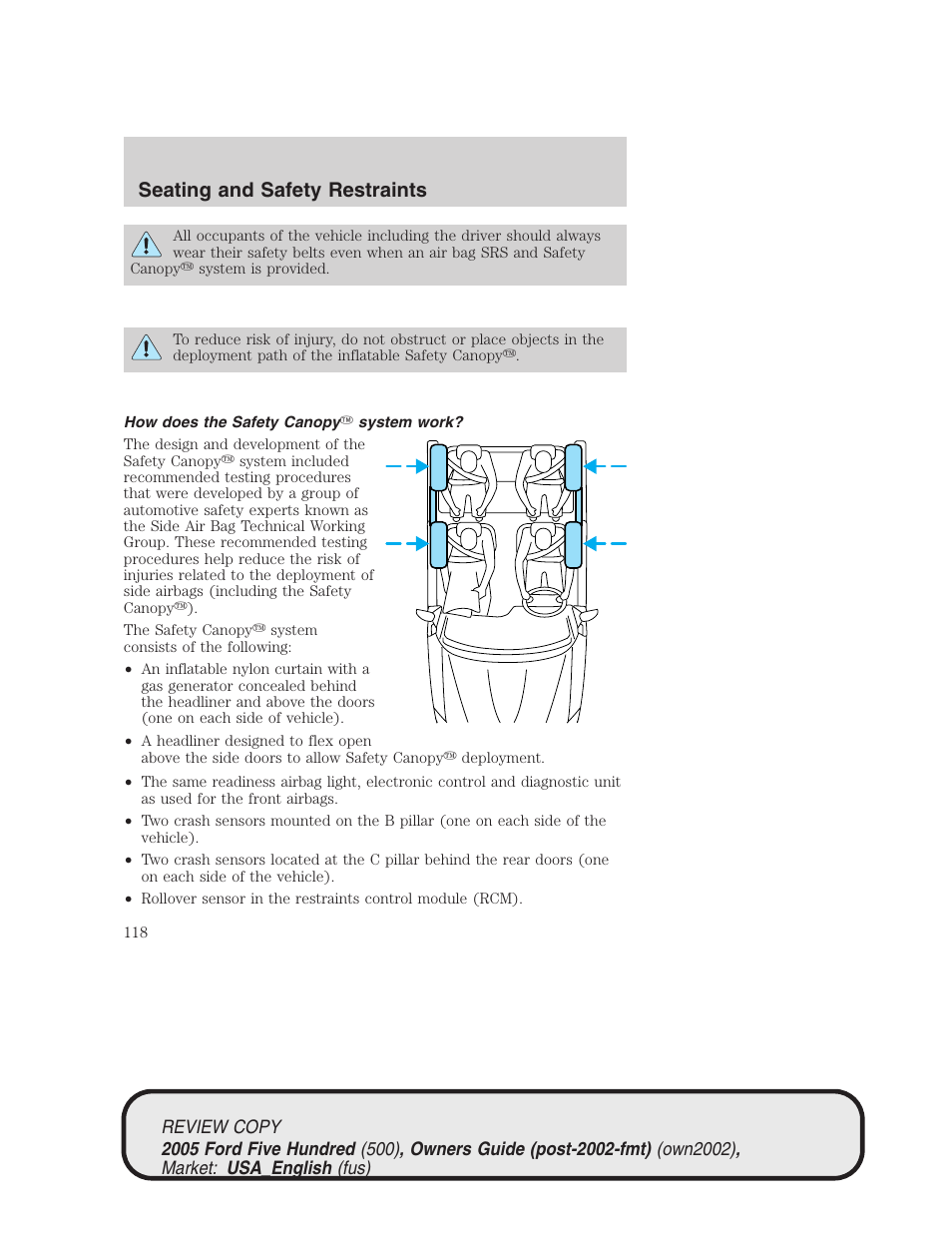 Seating and safety restraints | FORD 2005 Five Hundred v.1 User Manual | Page 118 / 264
