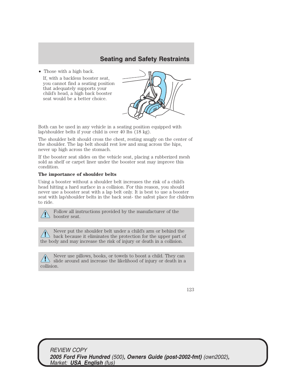 Seating and safety restraints | FORD 2005 Five Hundred v.1 User Manual | Page 123 / 264