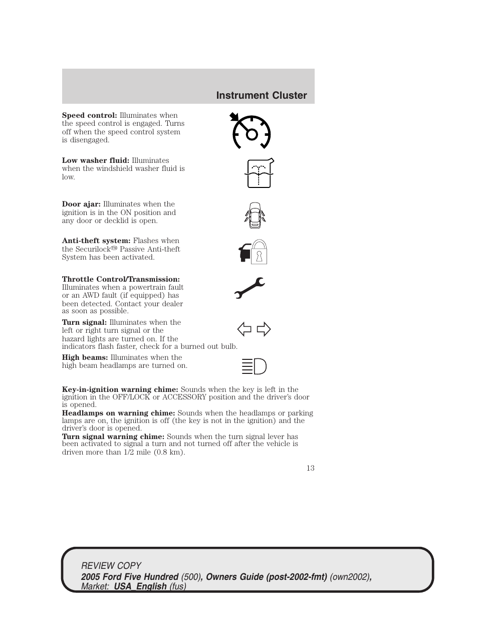 Instrument cluster | FORD 2005 Five Hundred v.1 User Manual | Page 13 / 264