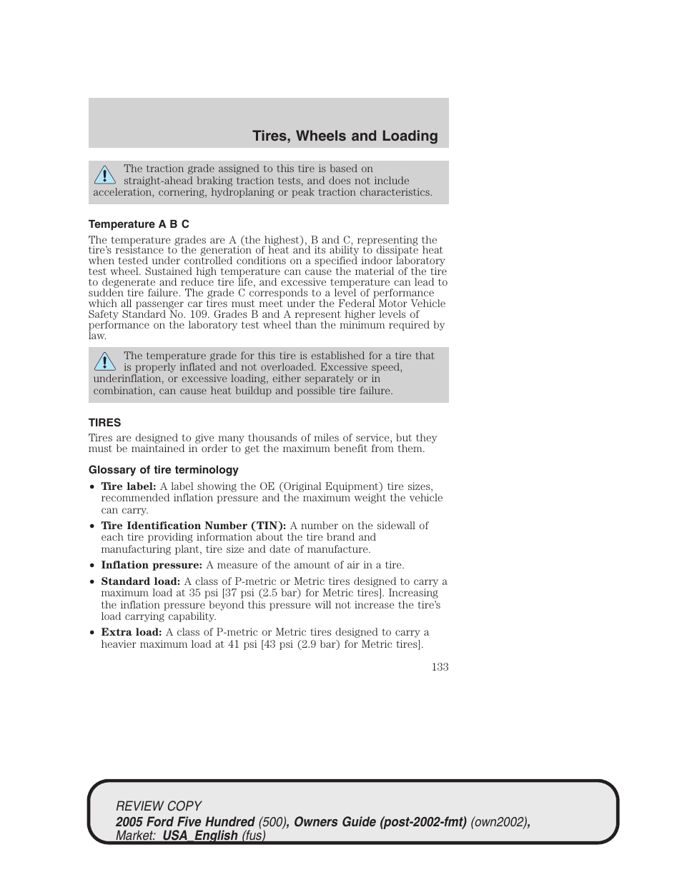 Tires, wheels and loading | FORD 2005 Five Hundred v.1 User Manual | Page 133 / 264