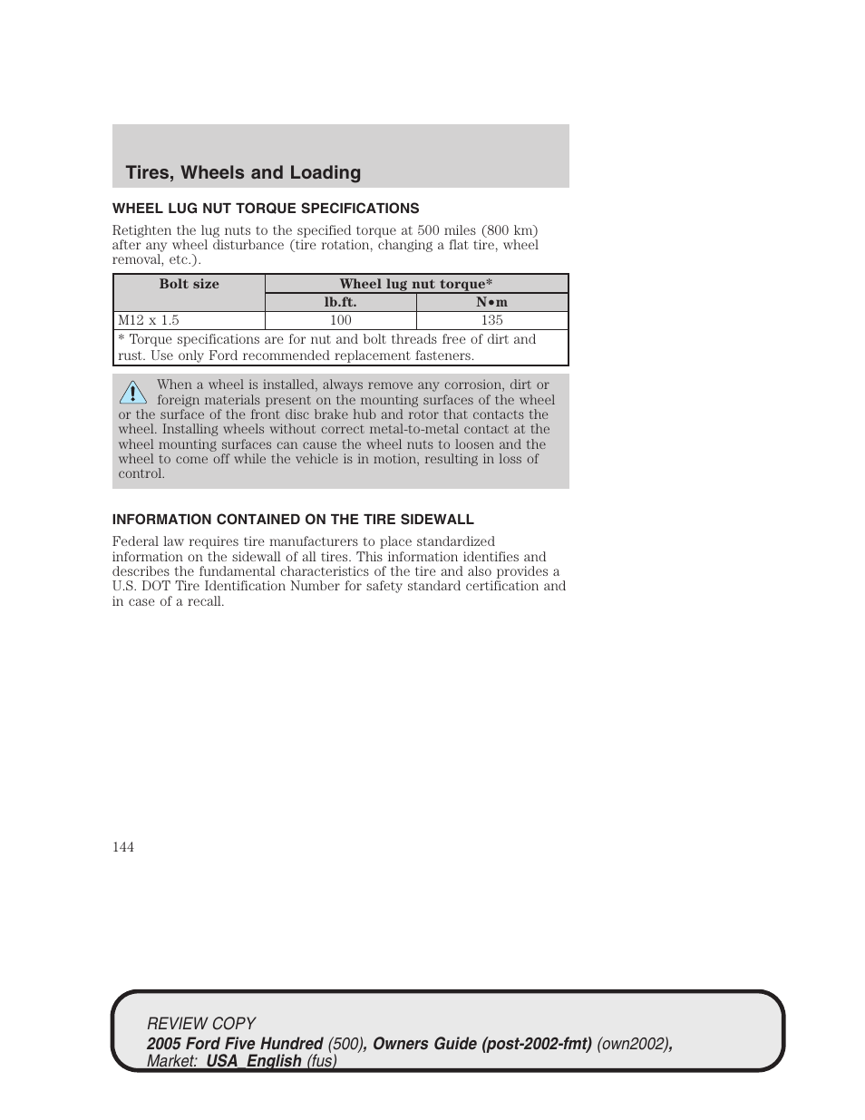 Tires, wheels and loading | FORD 2005 Five Hundred v.1 User Manual | Page 144 / 264