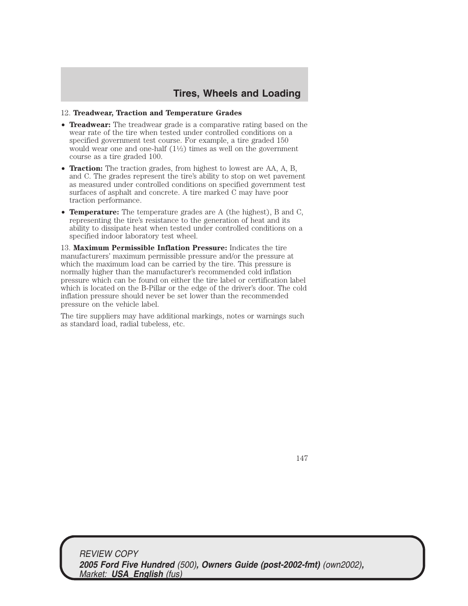 Tires, wheels and loading | FORD 2005 Five Hundred v.1 User Manual | Page 147 / 264