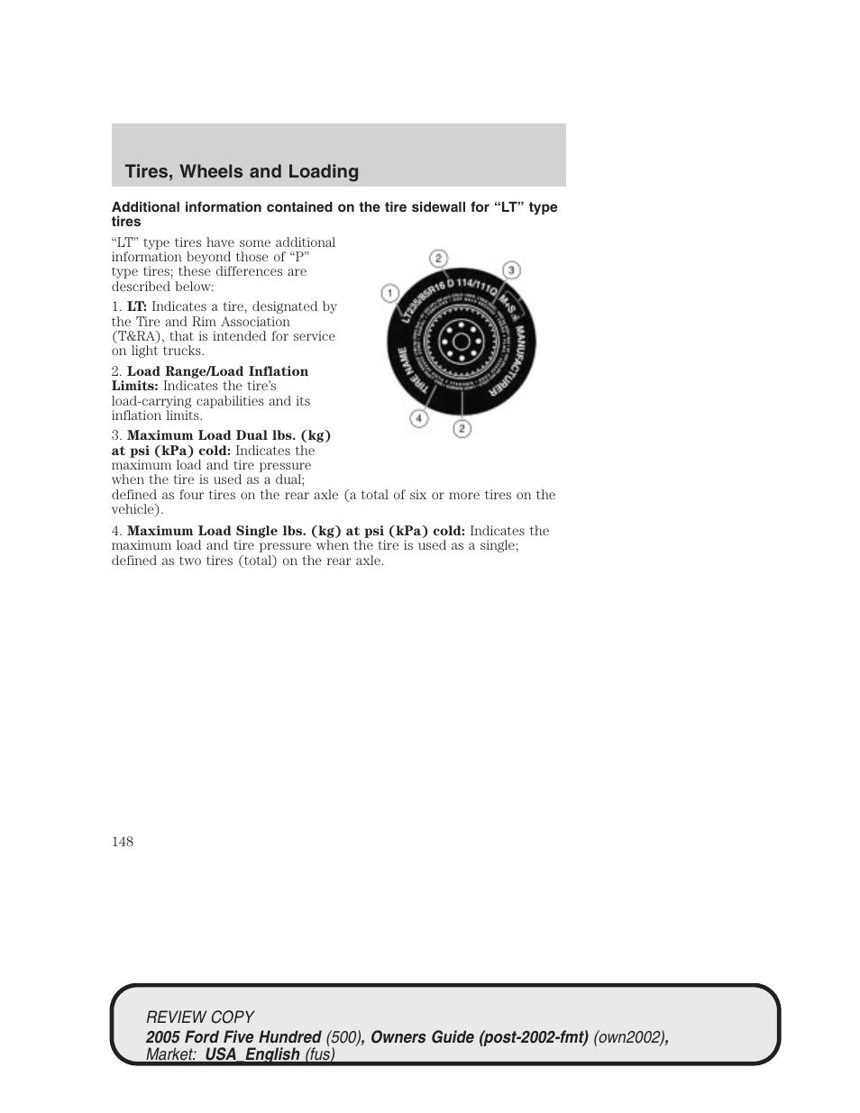 Tires, wheels and loading | FORD 2005 Five Hundred v.1 User Manual | Page 148 / 264