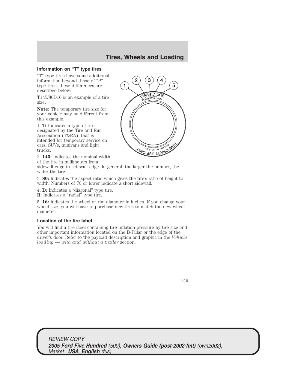 Tires, wheels and loading | FORD 2005 Five Hundred v.1 User Manual | Page 149 / 264