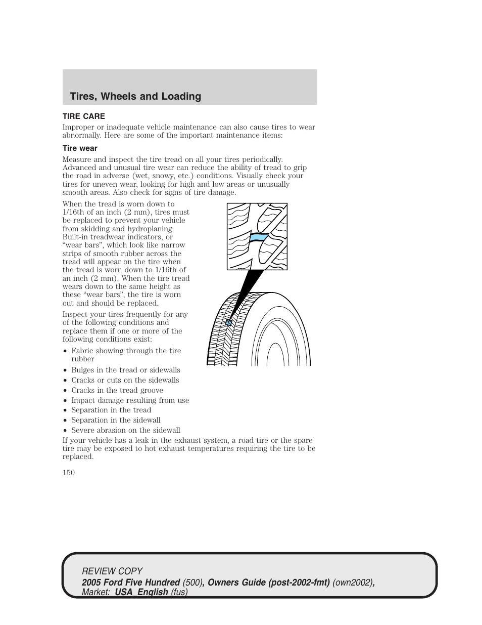 Tires, wheels and loading | FORD 2005 Five Hundred v.1 User Manual | Page 150 / 264