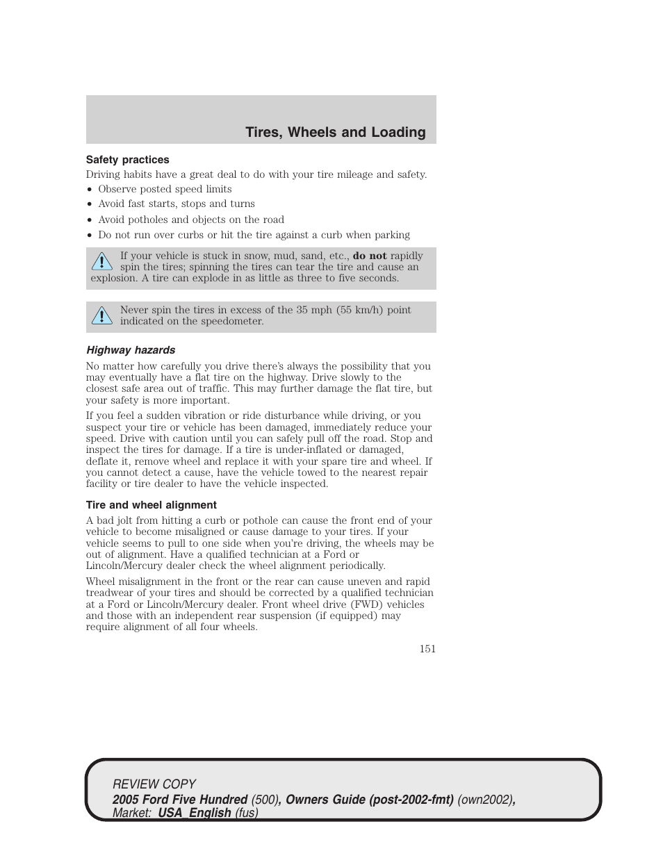 Tires, wheels and loading | FORD 2005 Five Hundred v.1 User Manual | Page 151 / 264