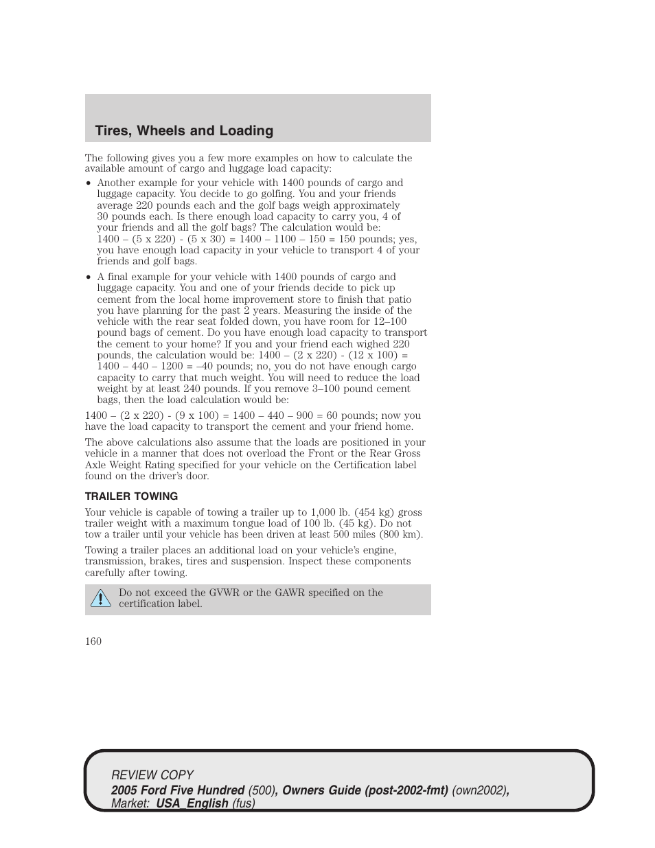 Tires, wheels and loading | FORD 2005 Five Hundred v.1 User Manual | Page 160 / 264