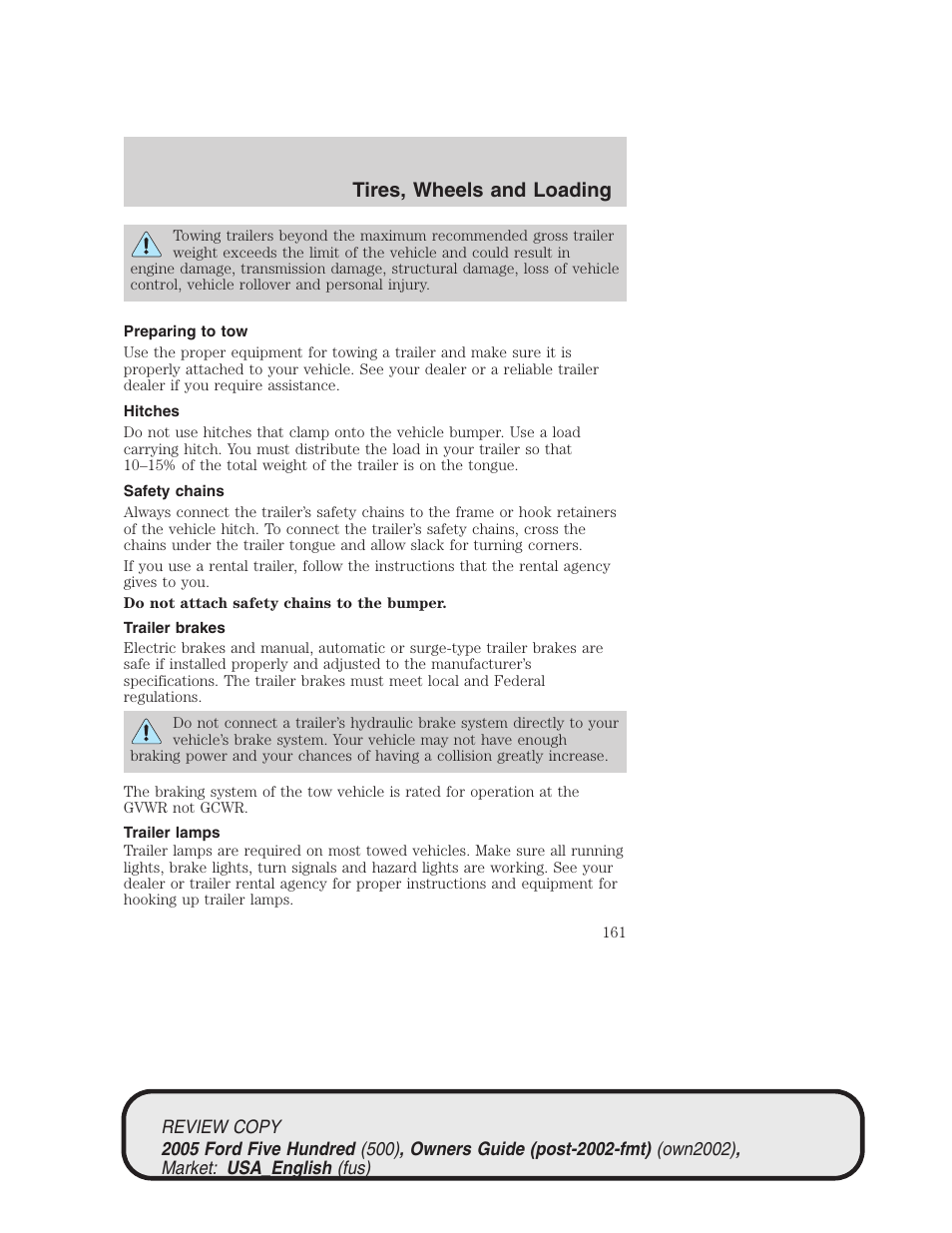 Tires, wheels and loading | FORD 2005 Five Hundred v.1 User Manual | Page 161 / 264