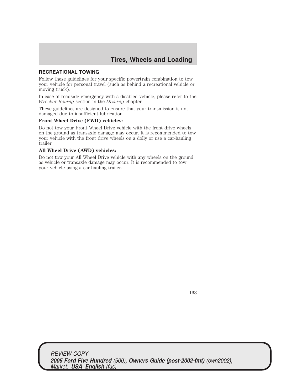 Tires, wheels and loading | FORD 2005 Five Hundred v.1 User Manual | Page 163 / 264