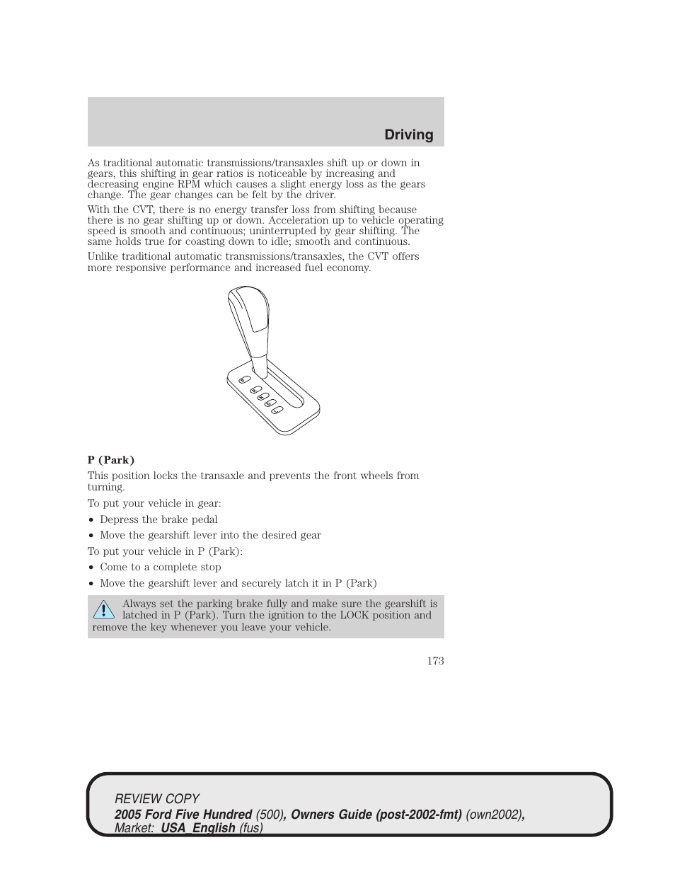 Driving | FORD 2005 Five Hundred v.1 User Manual | Page 173 / 264