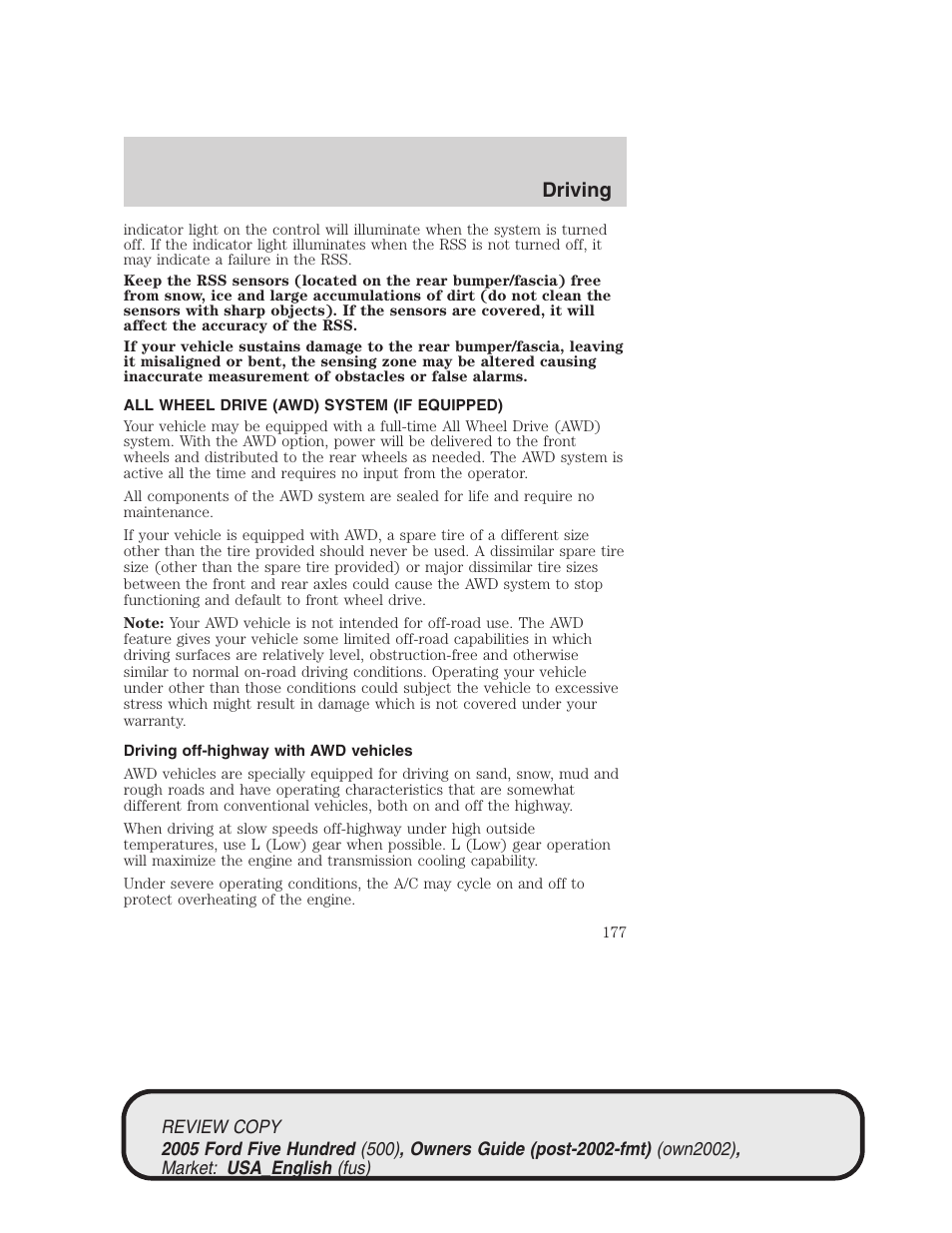 Driving | FORD 2005 Five Hundred v.1 User Manual | Page 177 / 264