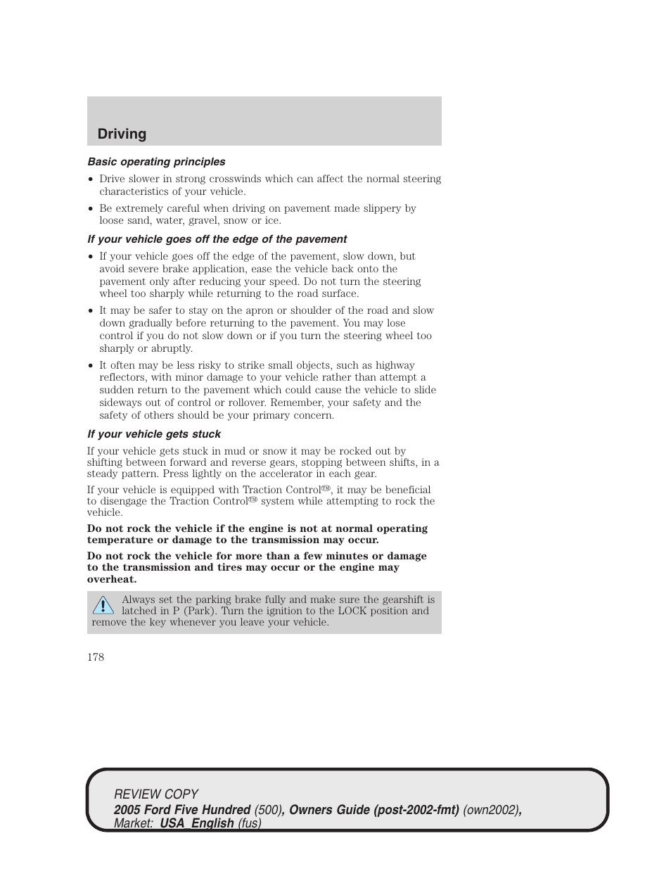 Driving | FORD 2005 Five Hundred v.1 User Manual | Page 178 / 264