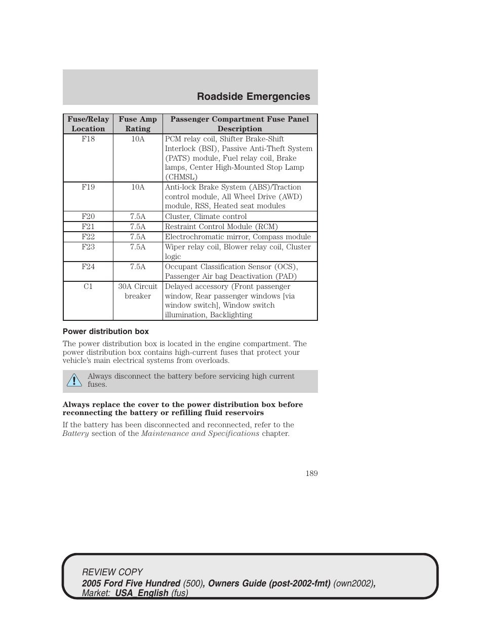 Roadside emergencies | FORD 2005 Five Hundred v.1 User Manual | Page 189 / 264