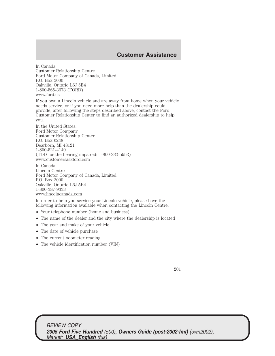 Customer assistance | FORD 2005 Five Hundred v.1 User Manual | Page 201 / 264
