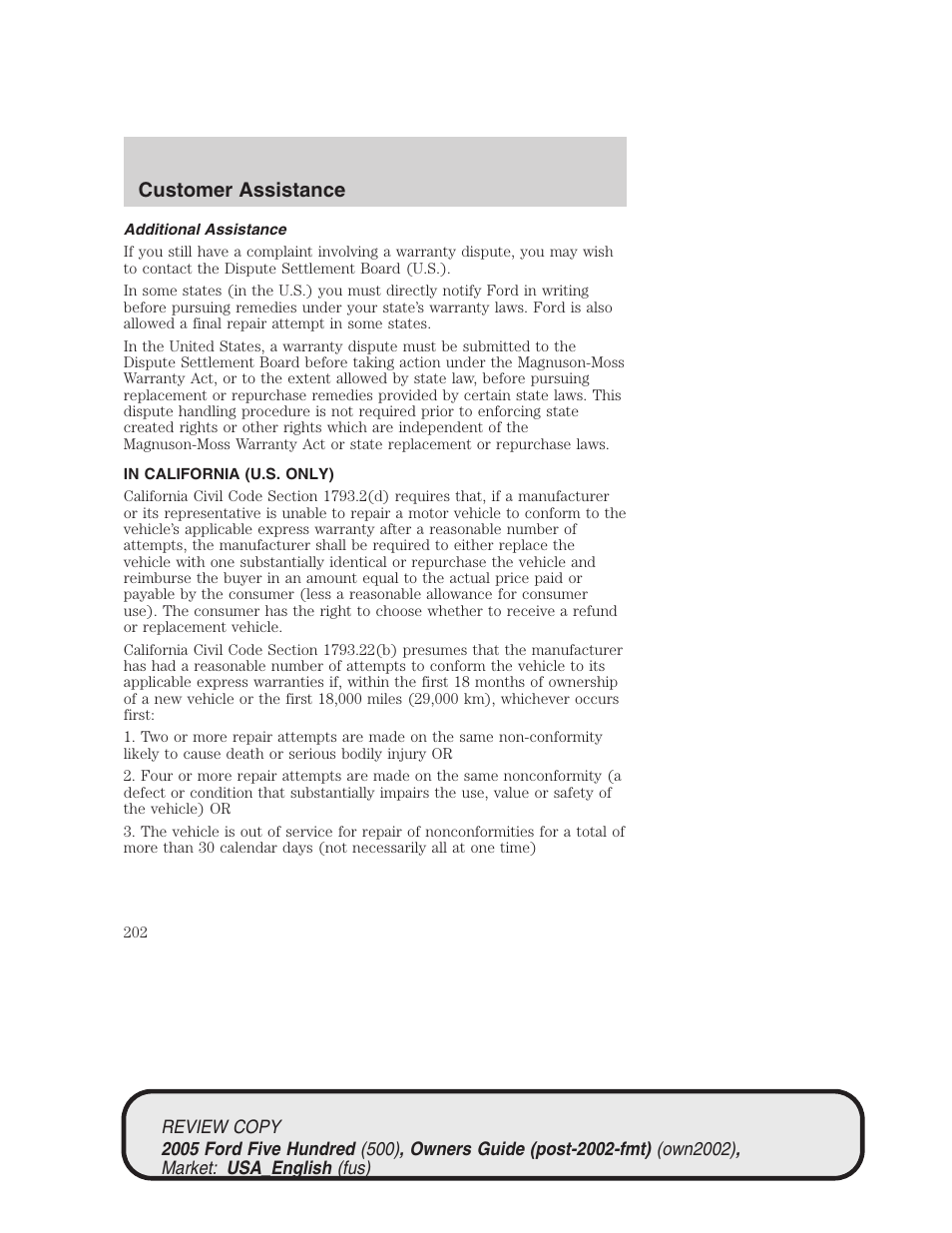 Customer assistance | FORD 2005 Five Hundred v.1 User Manual | Page 202 / 264