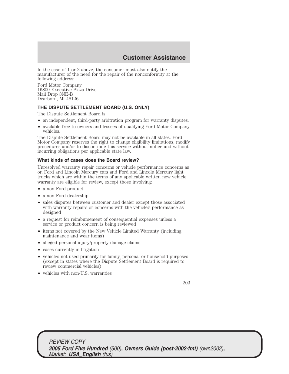 Customer assistance | FORD 2005 Five Hundred v.1 User Manual | Page 203 / 264