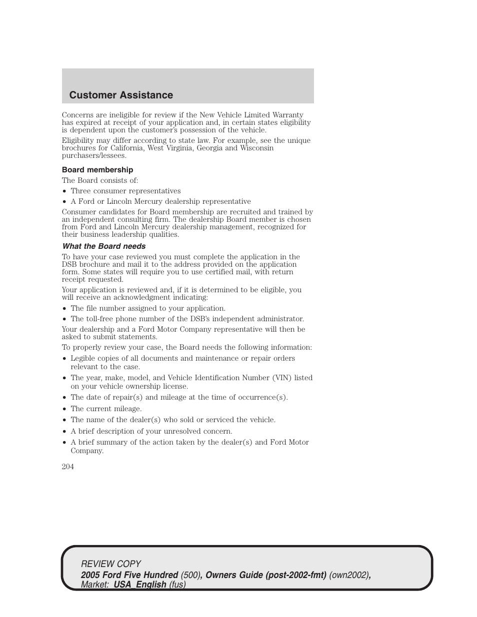 Customer assistance | FORD 2005 Five Hundred v.1 User Manual | Page 204 / 264