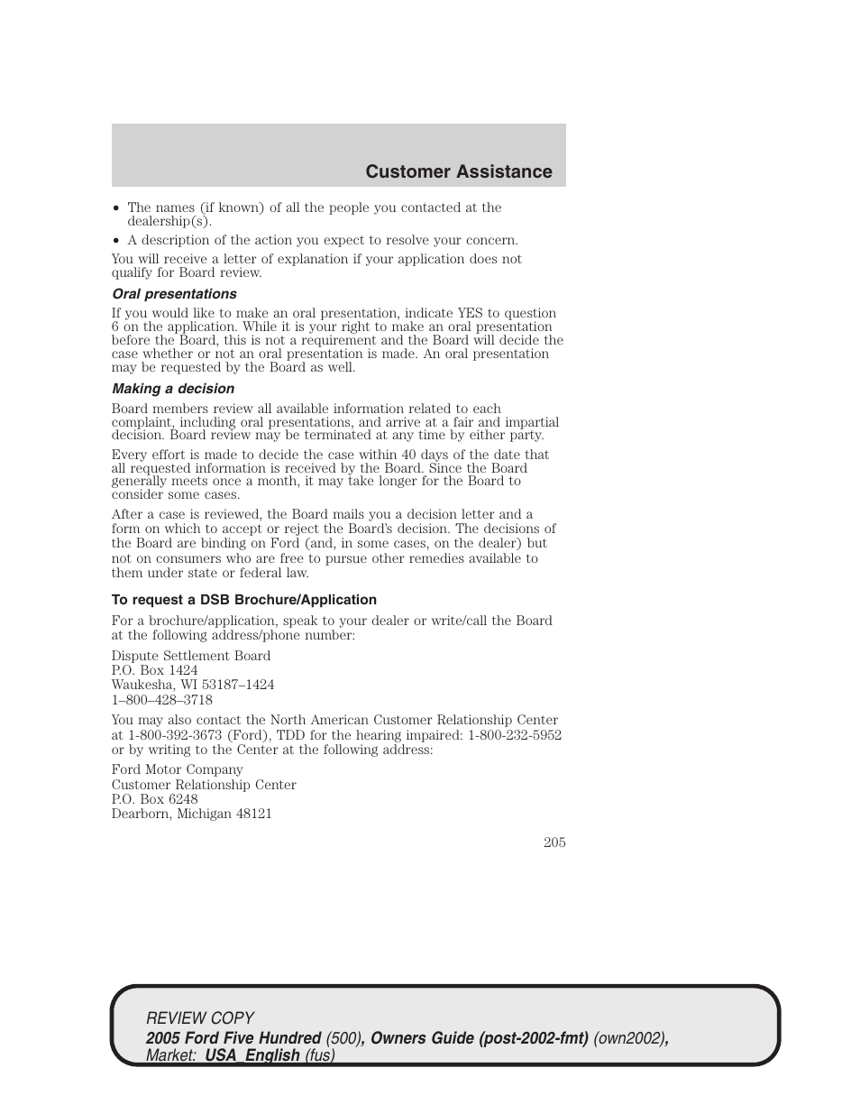 Customer assistance | FORD 2005 Five Hundred v.1 User Manual | Page 205 / 264
