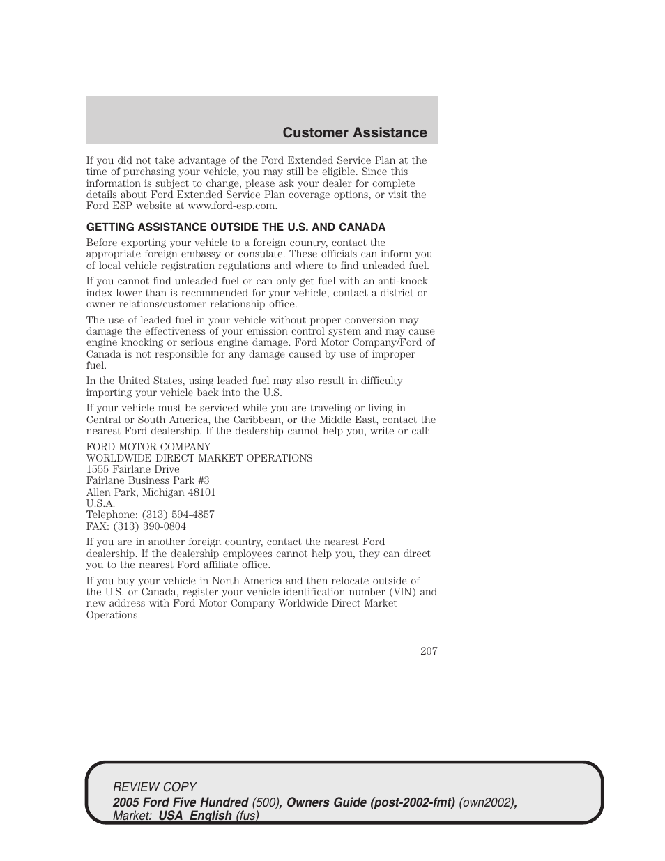 Customer assistance | FORD 2005 Five Hundred v.1 User Manual | Page 207 / 264