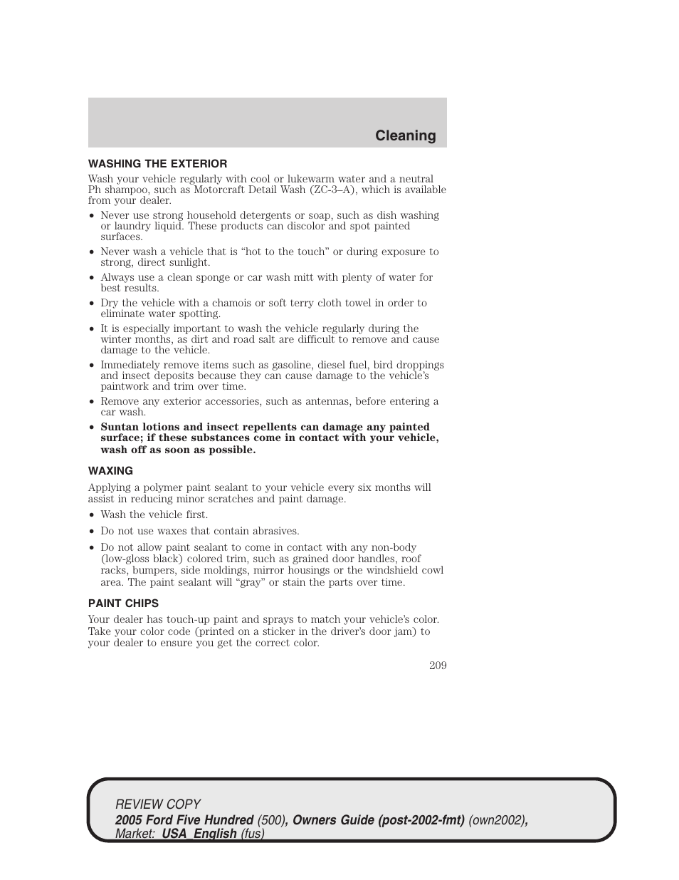 Cleaning | FORD 2005 Five Hundred v.1 User Manual | Page 209 / 264