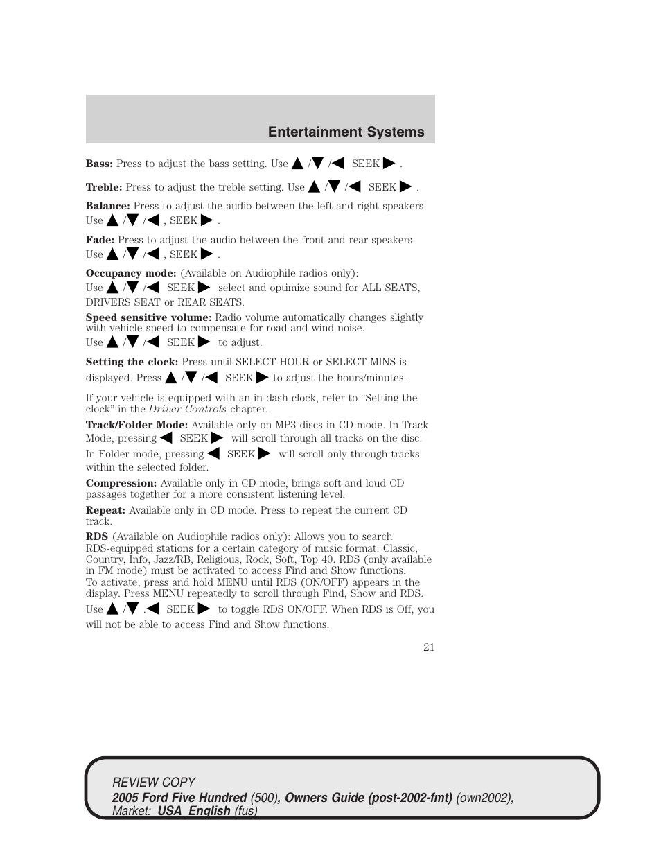 Entertainment systems | FORD 2005 Five Hundred v.1 User Manual | Page 21 / 264