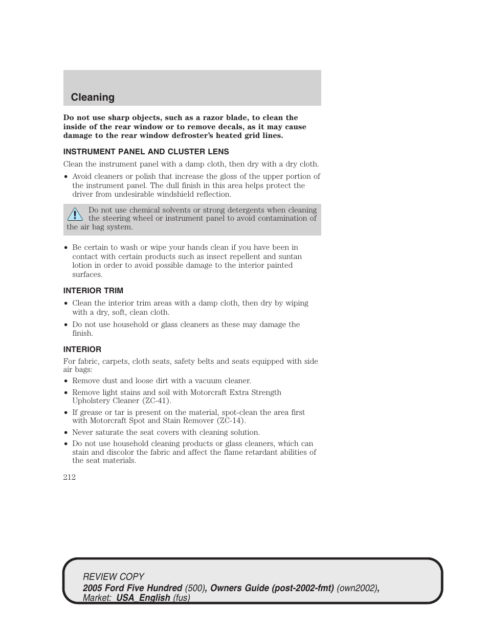 Cleaning | FORD 2005 Five Hundred v.1 User Manual | Page 212 / 264