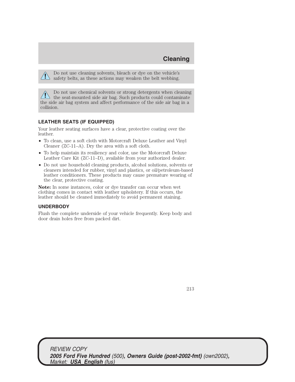 Cleaning | FORD 2005 Five Hundred v.1 User Manual | Page 213 / 264