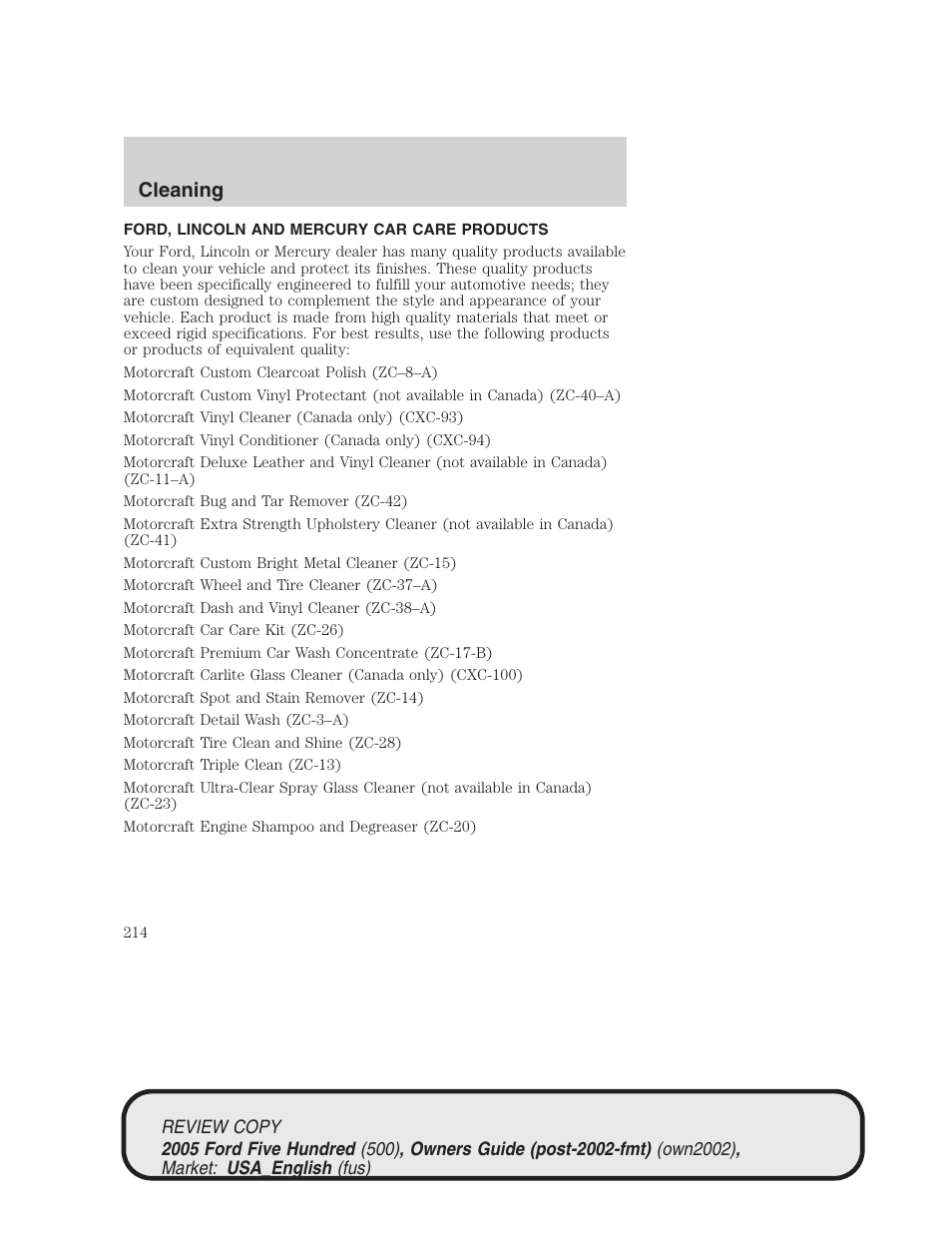 Cleaning | FORD 2005 Five Hundred v.1 User Manual | Page 214 / 264