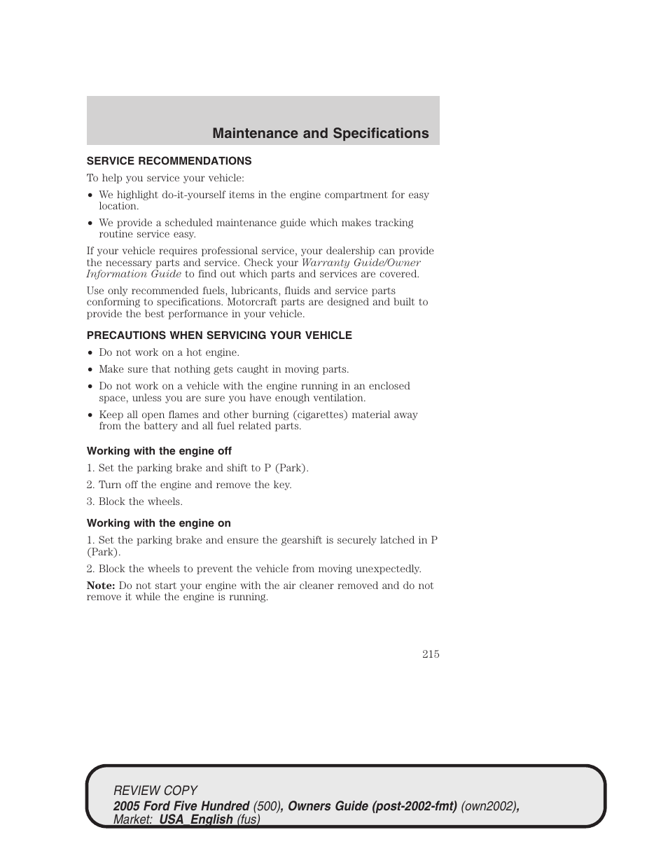 Maintenance and specifications | FORD 2005 Five Hundred v.1 User Manual | Page 215 / 264