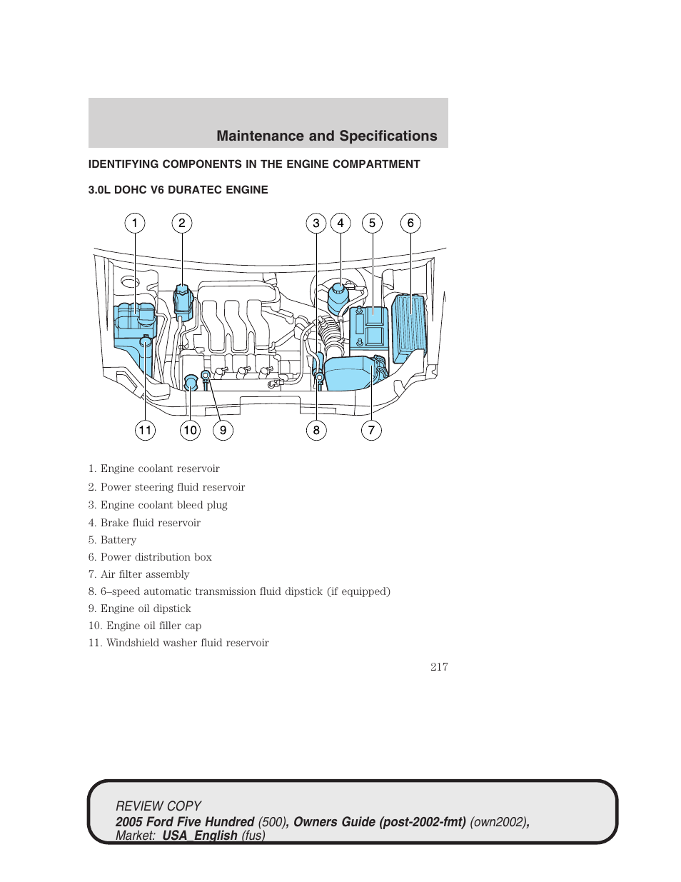Maintenance and specifications | FORD 2005 Five Hundred v.1 User Manual | Page 217 / 264