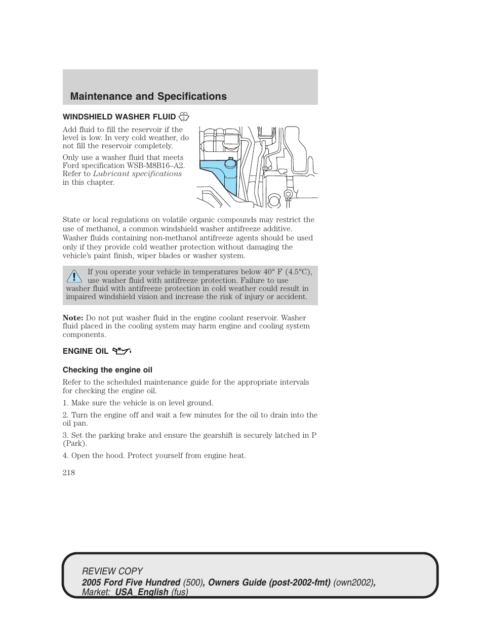 Maintenance and specifications | FORD 2005 Five Hundred v.1 User Manual | Page 218 / 264