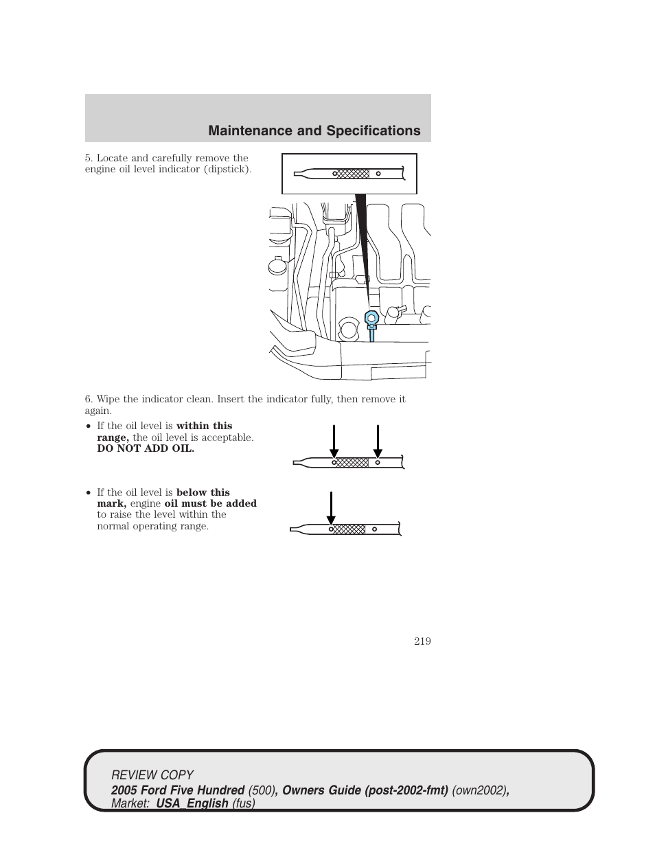 Maintenance and specifications | FORD 2005 Five Hundred v.1 User Manual | Page 219 / 264