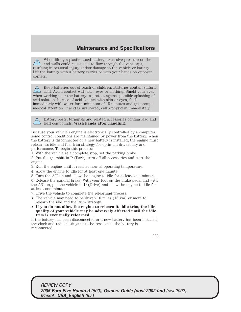 Maintenance and specifications | FORD 2005 Five Hundred v.1 User Manual | Page 223 / 264