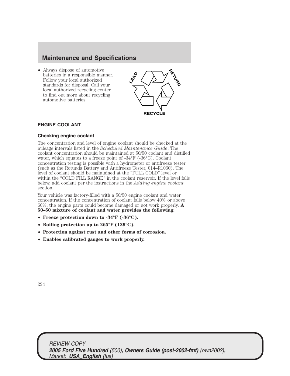 Maintenance and specifications | FORD 2005 Five Hundred v.1 User Manual | Page 224 / 264