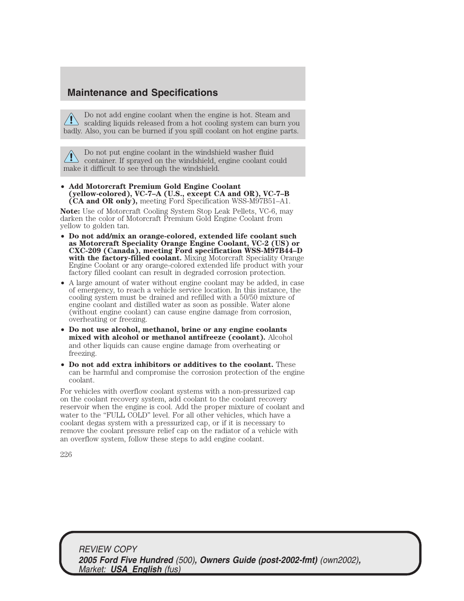 Maintenance and specifications | FORD 2005 Five Hundred v.1 User Manual | Page 226 / 264