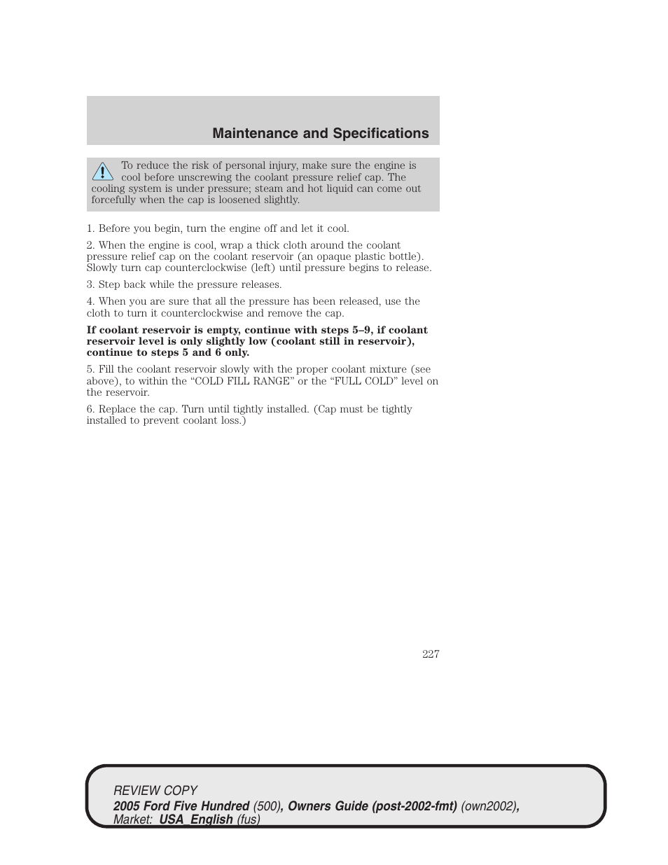 Maintenance and specifications | FORD 2005 Five Hundred v.1 User Manual | Page 227 / 264