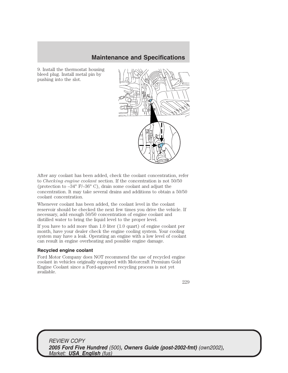 Maintenance and specifications | FORD 2005 Five Hundred v.1 User Manual | Page 229 / 264